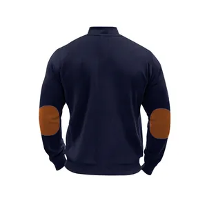 Back view of premium men's navy blue ribbed cardigan with vintage brown elbow patches