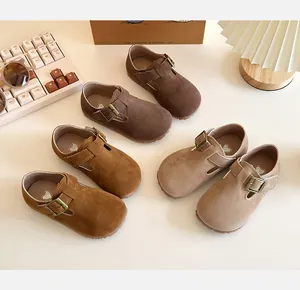 Retro children's suede T-strap shoes in brown, mustard, and khaki for toddlers