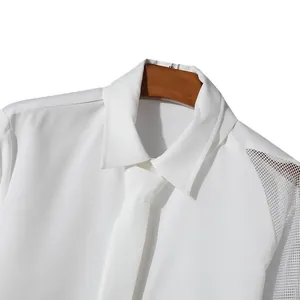 Elegant white French men's banquet shirt featuring mesh splicing and matching tie