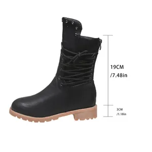 Detailed view of black mid-calf boots with 19cm shaft and 3cm heel measurements