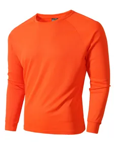 Detail view of vibrant orange men's mesh long sleeve athletic base layer shirt