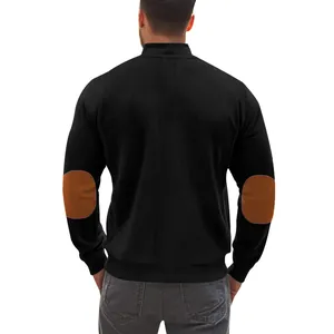 Back view of premium men's black ribbed jacket featuring distinctive brown elbow patches