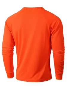 Back view detail of breathable orange mesh long-sleeve base layer shirt for men