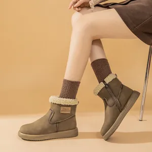 Retro flat short snow boots with warm faux lamb wool lining for women winter shoes