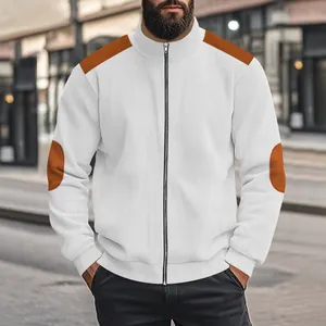 Close-up detail of men's white ribbed corduroy zip jacket with stylish orange shoulder patches
