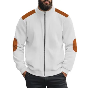 Detail of men's white ribbed cotton knit jacket with brown shoulder and elbow patches
