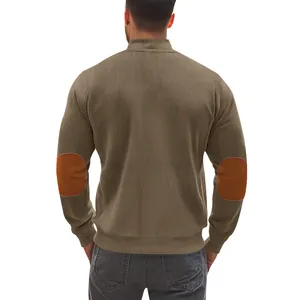 Detail view showing the back of a men's heavy casual jacket with orange elbow patches