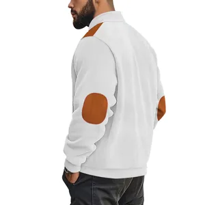 Detailed side view of white men's heavy corduroy jacket with brown elbow patches and zipper
