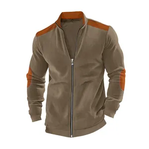 Men's American style casual zip-up jacket with khaki and orange ribbed color block