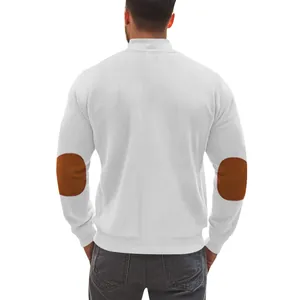 Detailed back view of a white ribbed knit men's jacket featuring brown faux suede elbow patches