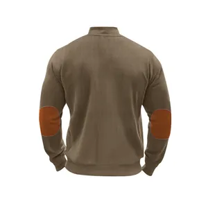 Back view of men's heavy cotton fleece jacket featuring contrasting elbow patches