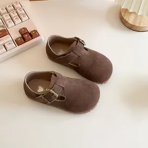 Brown children's British style suede leather walking shoes with buckle strap closure