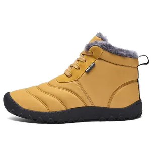 Yellow high-top outdoor winter boots with warm grey faux fur lining side profile view.