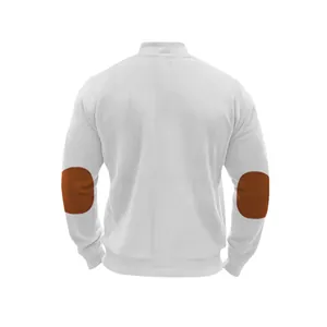 Back view of men's white ribbed knit cardigan jacket with stylish brown elbow patches.