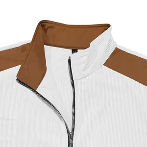 Close-up detail of a stand-up collar and zipper on a white ribbed color-block jacket