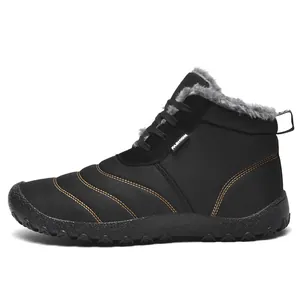 Side view of black outdoor winter snow boots with warm grey fur lining and laces
