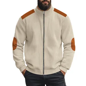 Men's ribbed zip jacket with contrast patches on shoulders and elbows in beige and brown.