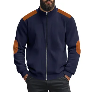 Close-up of men's ribbed cotton fleece jacket with brown shoulder and elbow patches