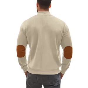 Back view of men's beige fleece jacket with brown contrast elbow patches and ribbed texture