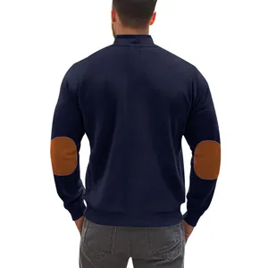 Back view of navy blue ribbed knit men's jacket featuring stylish brown elbow patches