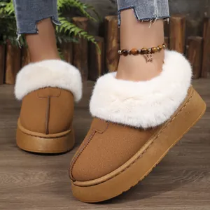 Bottes de neige à plateforme marron pour femmes avec col en fourrure blanche épaisse