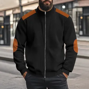 Men's casual black ribbed zip jacket with brown shoulder and elbow patches.