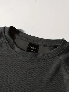 Detail of round neck and breathable mesh texture of men's slim long-sleeve shirt