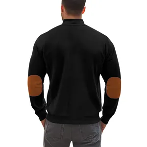 Back view of a heavy black ribbed men's casual jacket featuring brown elbow patches detail