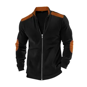 Full front view of men's ribbed black jacket with contrast orange shoulder and elbow patches