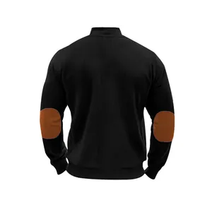 Back view of men's black ribbed cardigan jacket featuring brown elbow patches