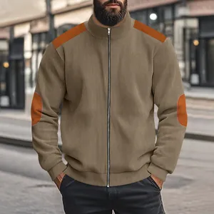 Men's ribbed zip-up jacket in khaki with contrast orange shoulder and elbow patches