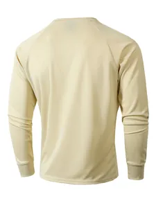 Back view of beige men's long-sleeve mesh shirt showing breathable fabric texture