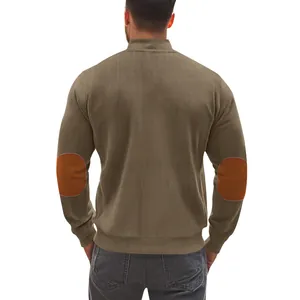 Back view of heavy cotton fleece men's cardigan with elbow patches
