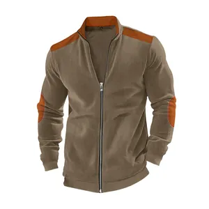 Men's brown heavy cotton velvet casual zip-up jacket with orange shoulder and elbow patchwork