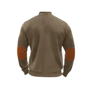 Detailed back view of a brown ribbed cardigan jacket with contrasting oval elbow patches