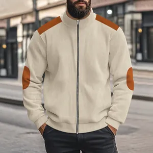 Front view of men's beige ribbed jacket with orange shoulder and elbow patches
