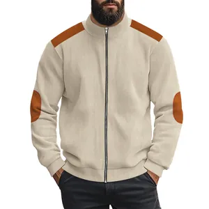 Detail of men's ribbed zip-up jacket with contrast shoulder and elbow patches