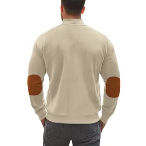 Detailed back view of a beige men's heavyweight velvet jacket with brown oval elbow patches