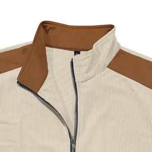 Detailed view of the stand collar and metal zipper on a ribbed color-block jacket