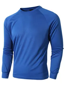 Detailed view of men's blue breathable mesh long-sleeve t-shirt with raglan sleeves