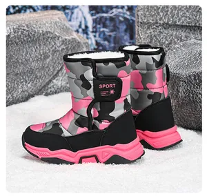Botas de nieve de invierno para niños con estampado de camuflaje rosa y forro cálido