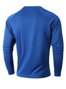 Back view of men's slim fit long sleeve mesh base layer shirt in vibrant blue color