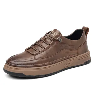 Κλασικά ανδρικά καφέ δερμάτινα casual sneakers σε βρετανικό ρετρό στυλ με ανθεκτική σόλα