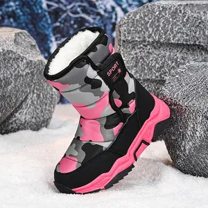 Pink camouflage kids winter snow boots with warm fleece lining and non-slip rubber soles