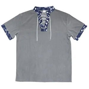 Men's gray corduroy short sleeve shirt with paisley trim and lace-up Henley neckline