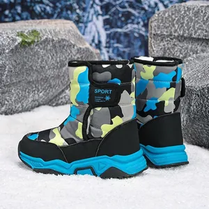 Children's winter snow boots with blue camouflage pattern and warm fleece lining
