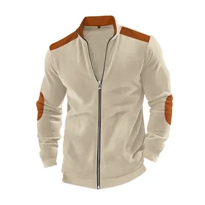 Men's casual beige zip-up jacket with contrast shoulder and elbow patches
