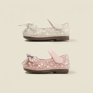 Elegant sparkling pearl princess Mary Jane shoes for toddler girls in cream and pink colors
