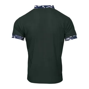 Back view of dark green corduroy Henley shirt with paisley collar and cuffs