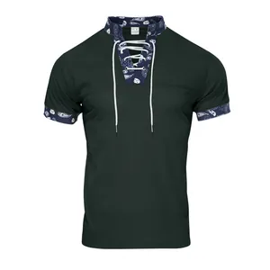 Detail of men's dark green corduroy Henley shirt with blue paisley lace-up collar